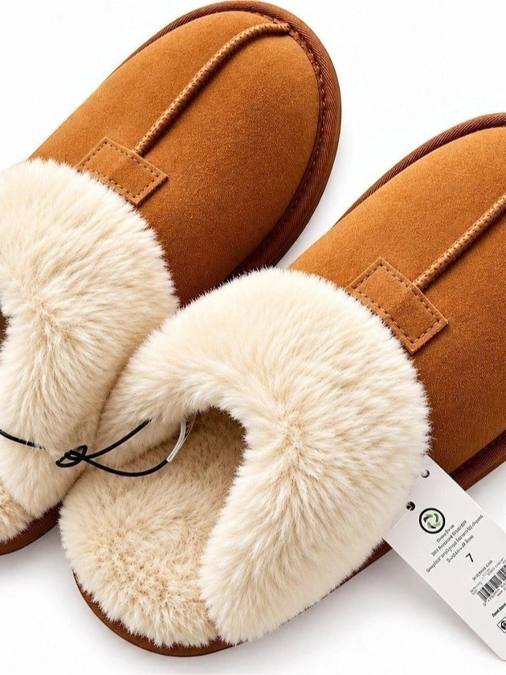 Joyspun Faux Fur Lined Mule Slippers in Brown & Cream US 7 NWT